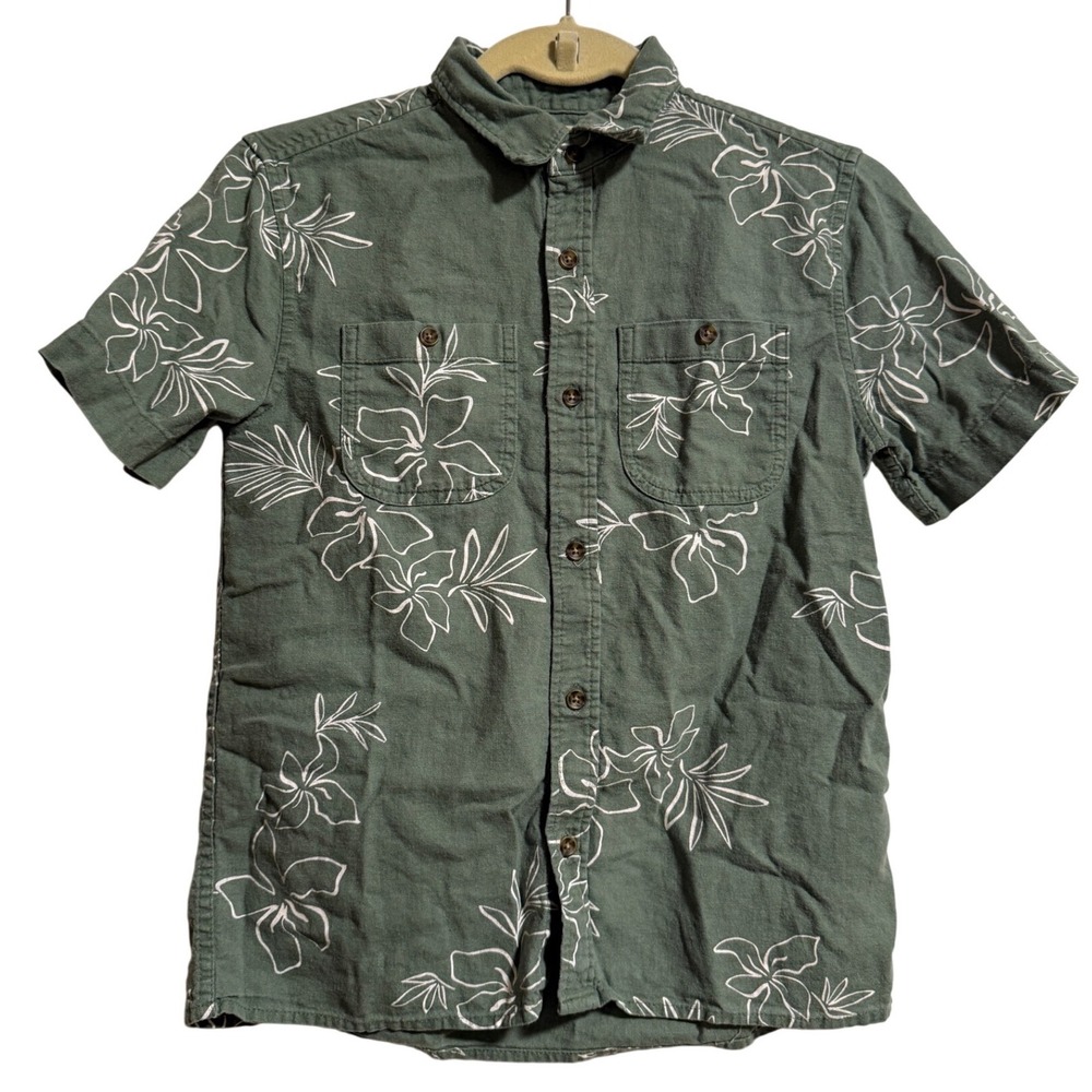 Old Navy Boys Large 10-12 Olive Green Floral Linen Blend Button Down Shirt